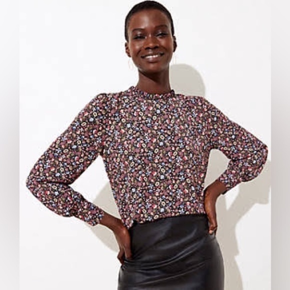 Loft Vine Floral Black Pink Ruffle Collar Tie Back Flowy Blouse sz Small - Picture 1 of 9